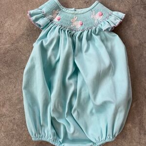Girls Classic Whimsy 9Month Light Blue Bunny Smocked Bubble